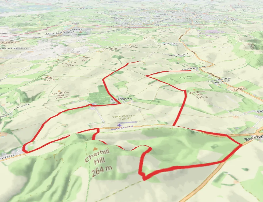 The Yatesbury Loop in 3D — the 21.8 km route drawn in red over the real hills of the Marlborough Downs, Cherhill Hill rising in the foreground.