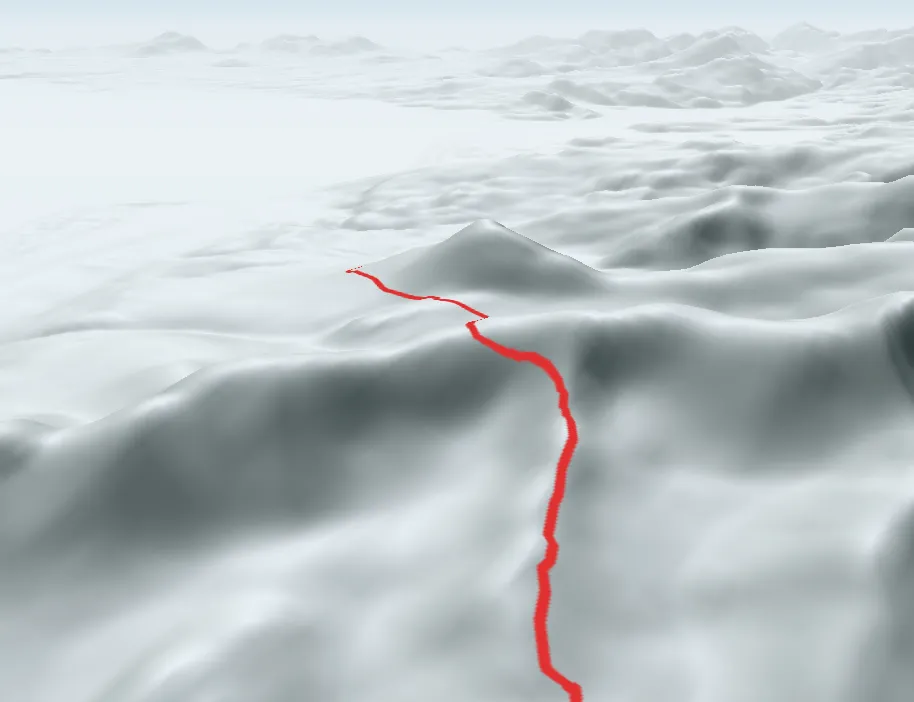 The same view in Relief mode — the 8.8 km climb to Pont Scethin traced in red across the bare shaded hills of Snowdonia, with no map on them at all.
