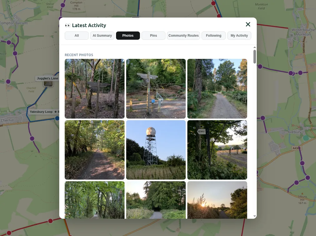 The Activity panel showing a grid of geotagged photos shared by the community.