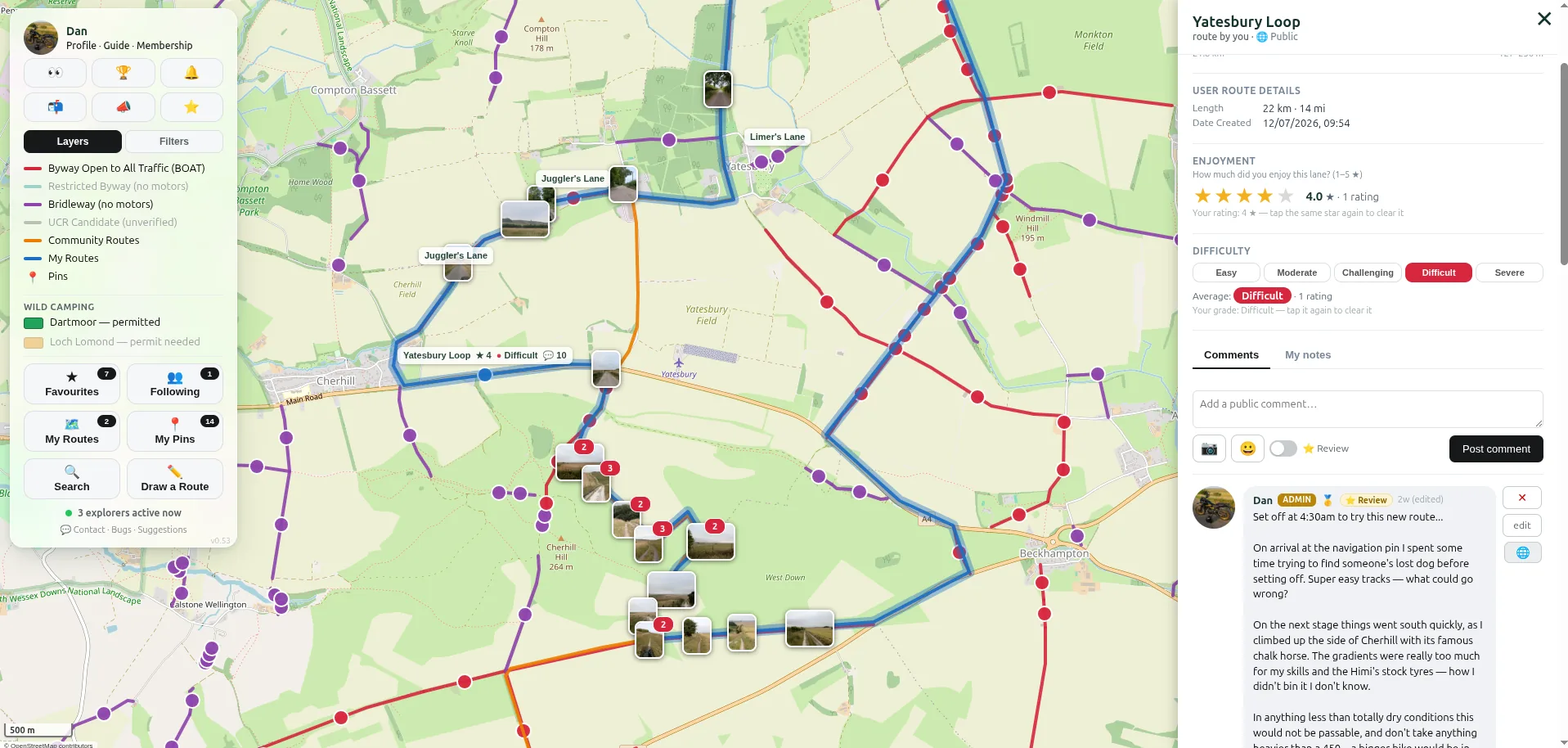 The Find Green Lanes map showing the byway network, with one lane open: a rider's review and comments, photos, ratings and pins along the route.