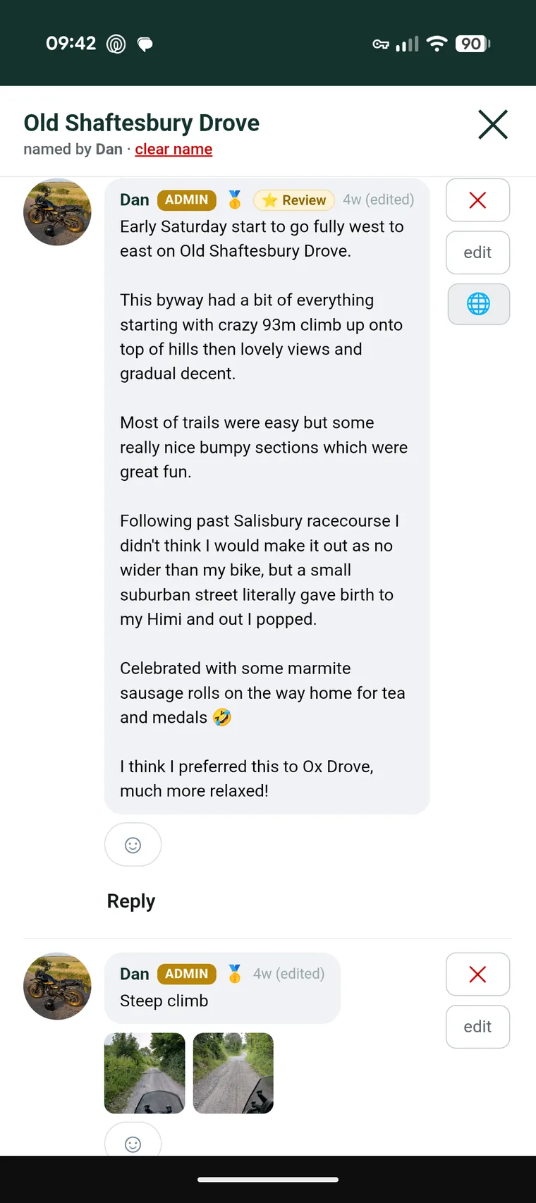 A lane on mobile with a rider's write-up of the route — the climb, the surface and how it rode — followed by a reply with photos taken from the saddle.