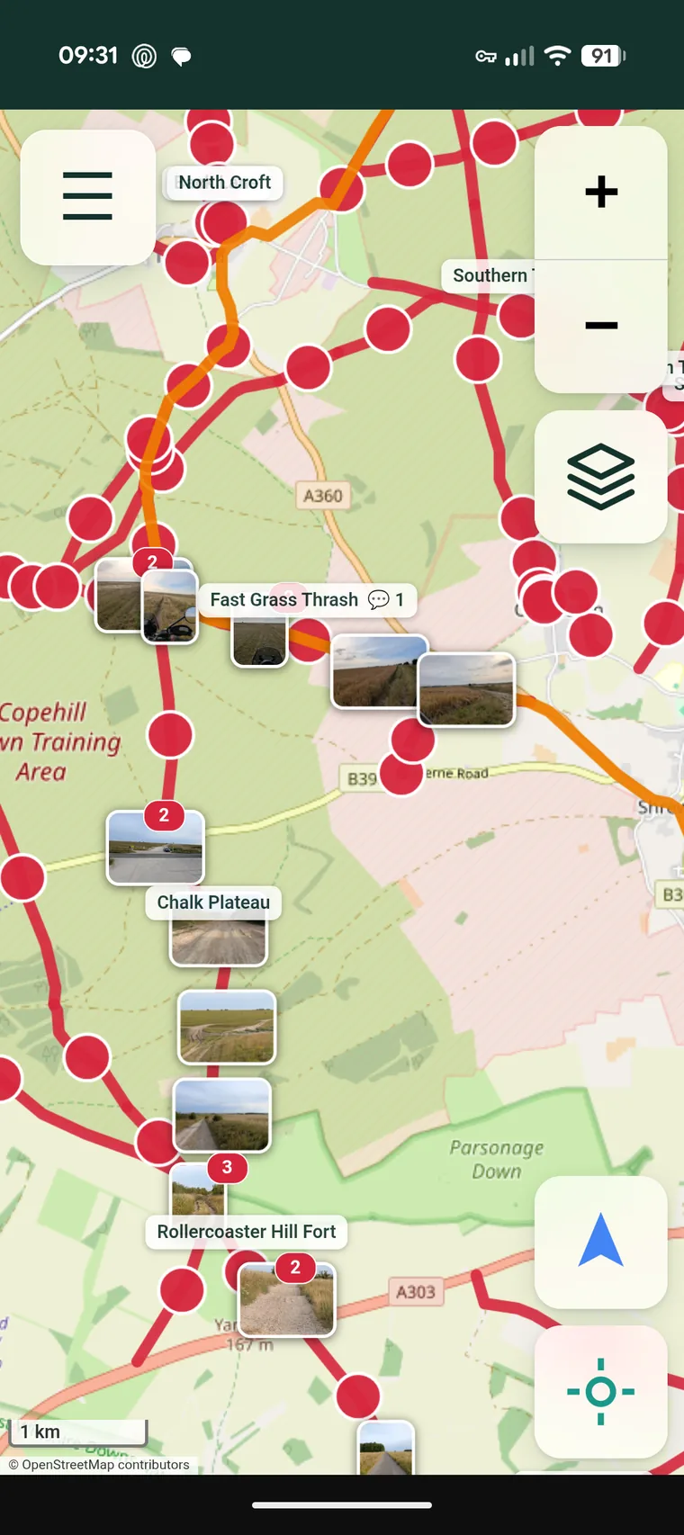 Find Green Lanes on a phone, showing a dense network of byways around Salisbury Plain.