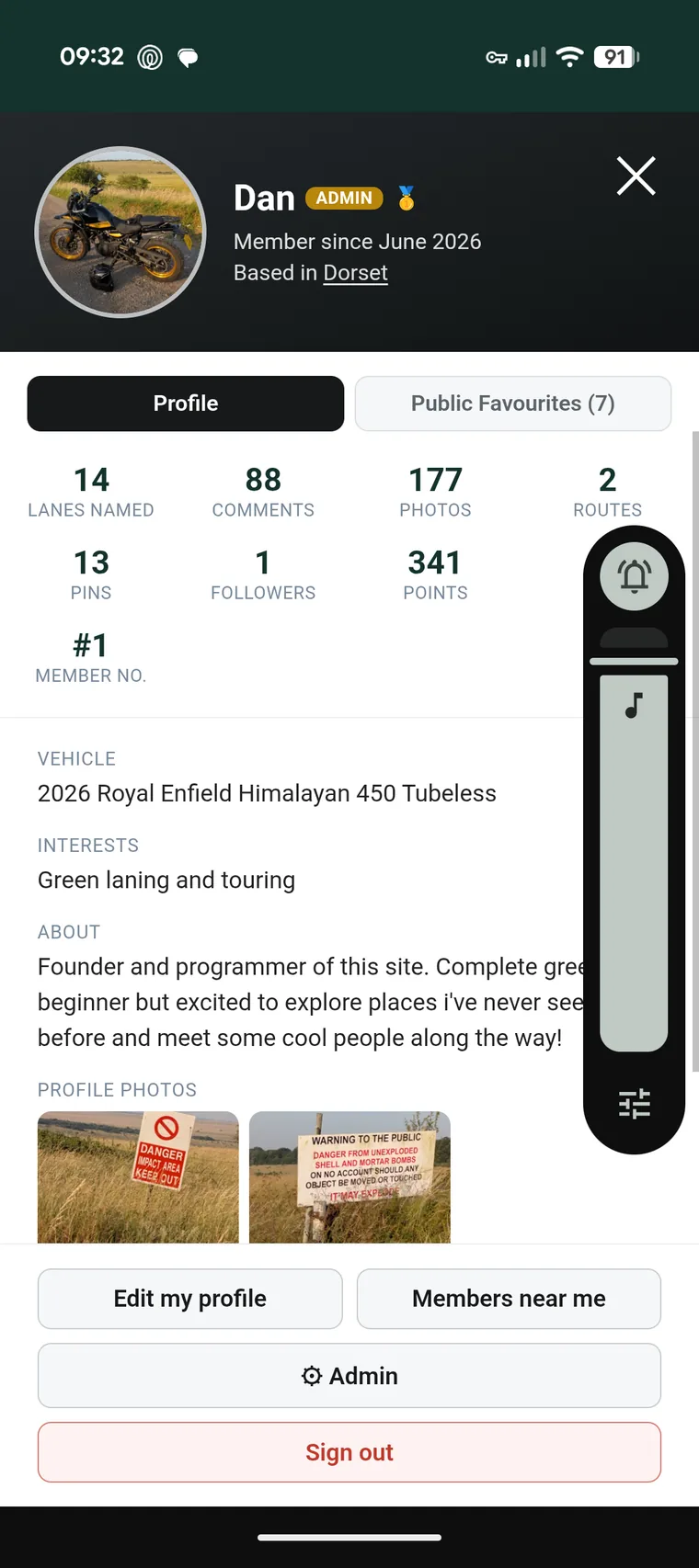 A member profile on mobile — vehicle, interests, contribution stats, points and leaderboard rank.